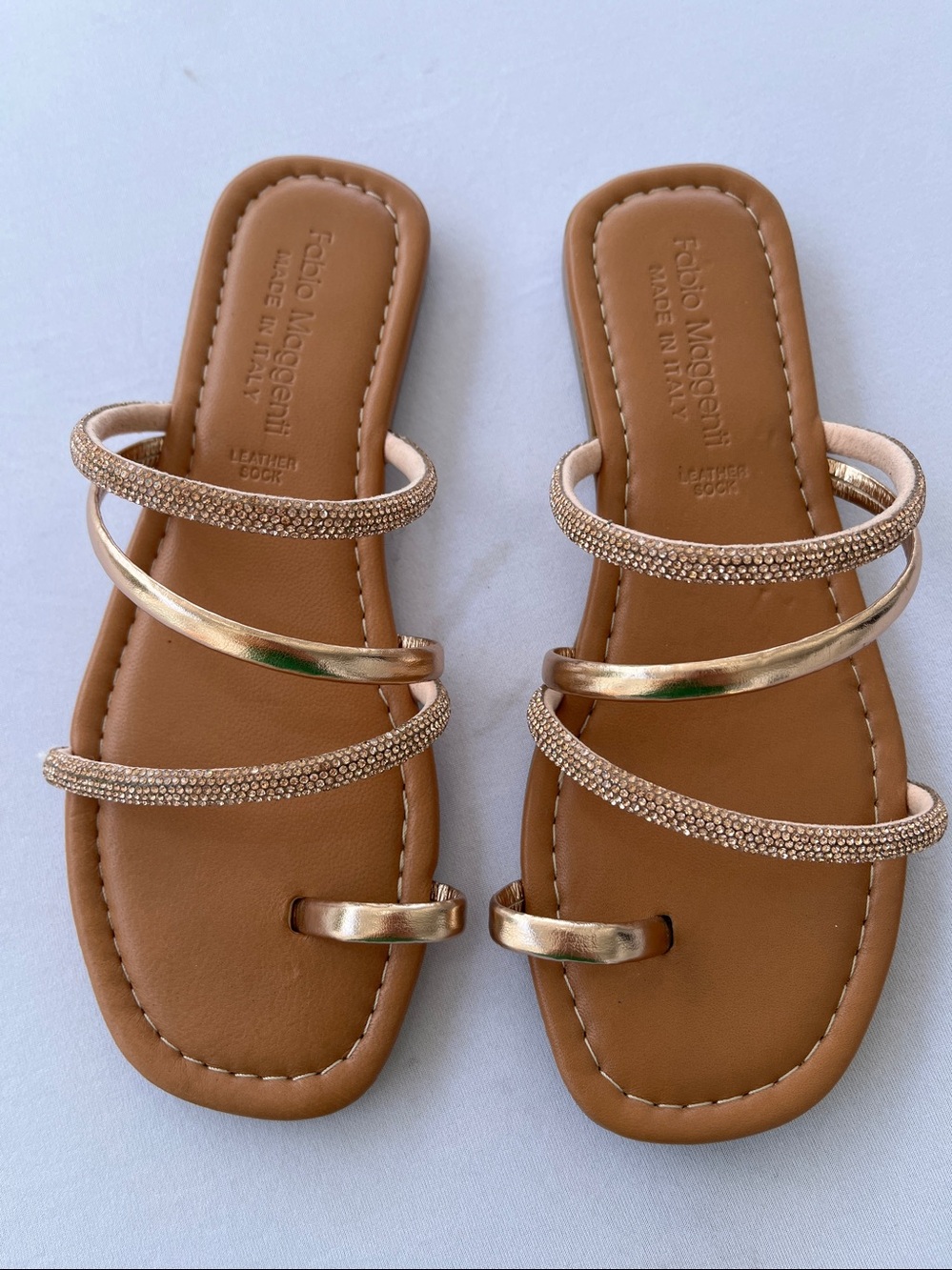 FABIO MAGGENTI Rose Gold Rhinestone Strappy Toe-Ring Sandals SZ:6.5